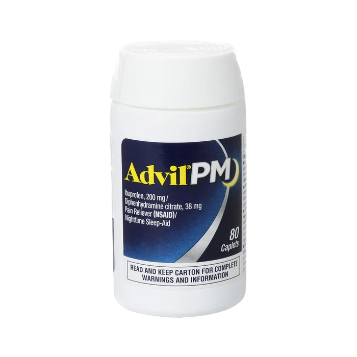 Advil PM nighttime pain relief bottle, 200 mg ibuprofen with sleep aid, 80 caplets
