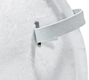 Close-up of a stapled gray headband attachment on the rim of the 3M 8200 N95 respirator