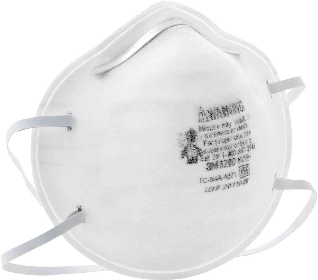 3M 8200 N95 particulate respirator, three-quarter studio view showing the cup depth, metal nose clip and gray over-the-head headbands