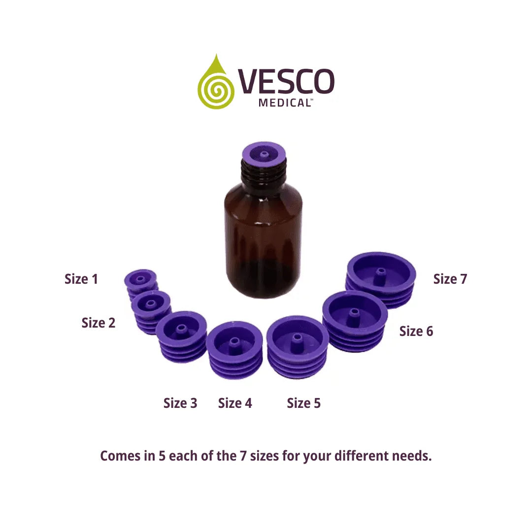 Vesco Medical ENFit bottle adapter size guide showing all seven neck sizes labeled Size 1 through Size 7