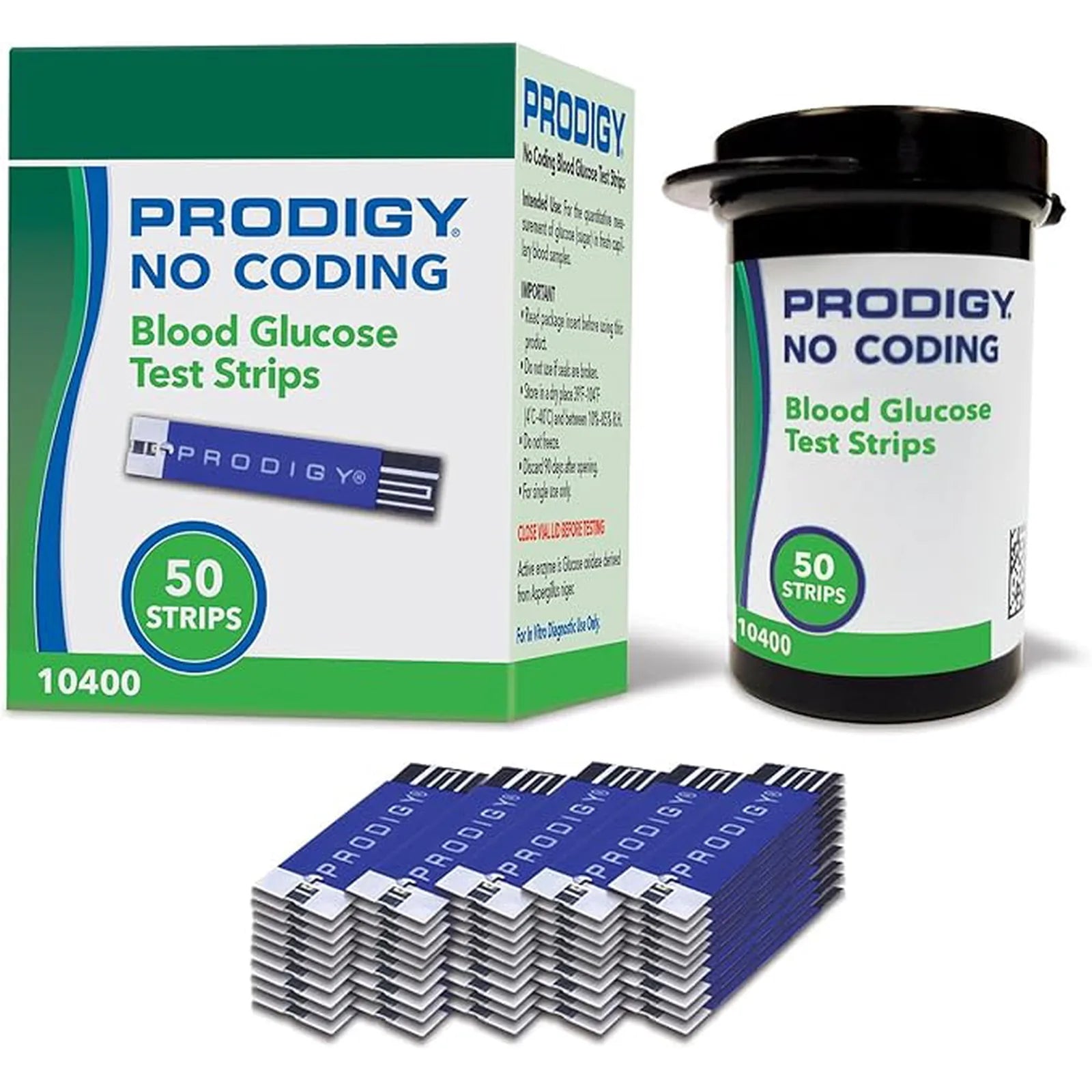 Prodigy No Coding blood glucose test strips box and 50-count vial with strip stack