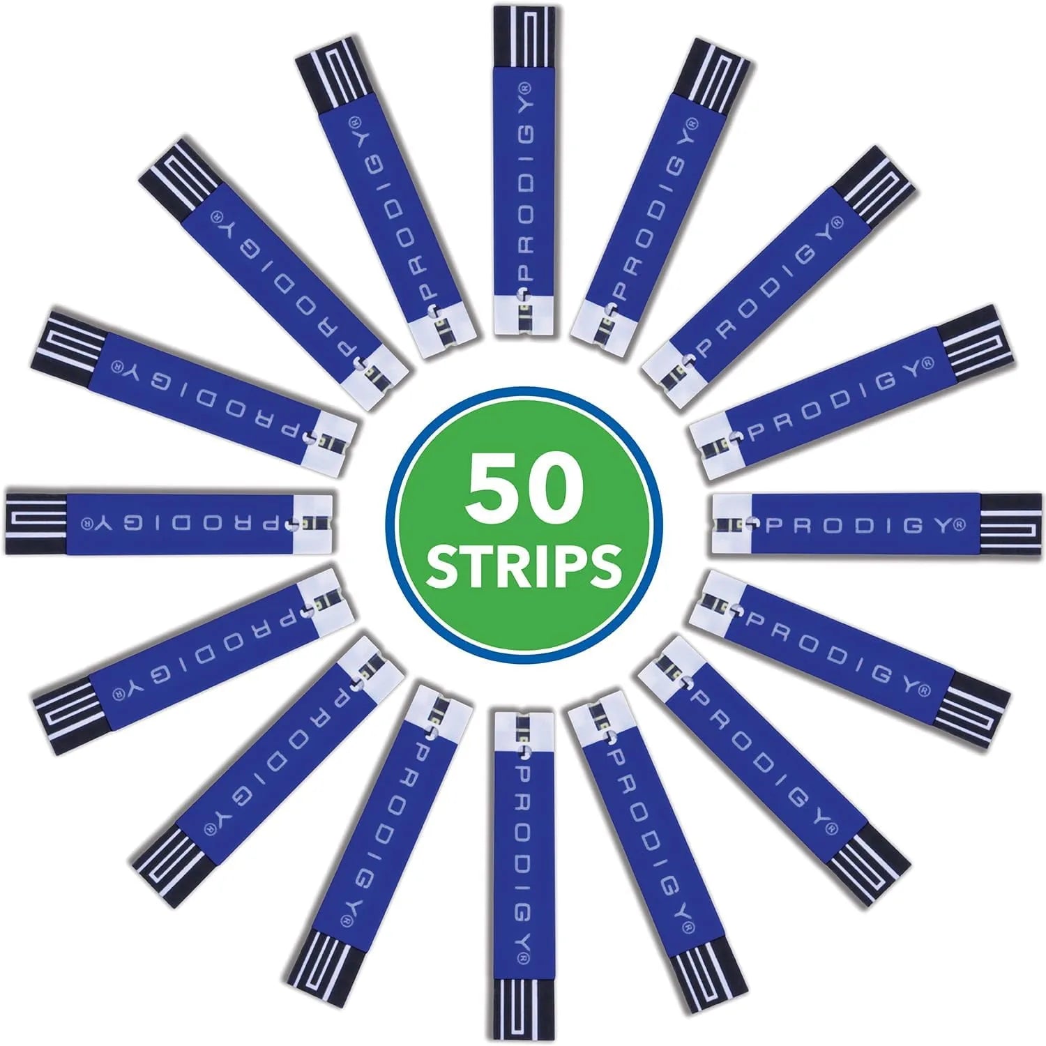 Prodigy blue blood glucose test strips arranged in a circle around a 50 strips badge