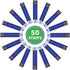 Prodigy blue blood glucose test strips arranged in a circle around a 50 strips badge