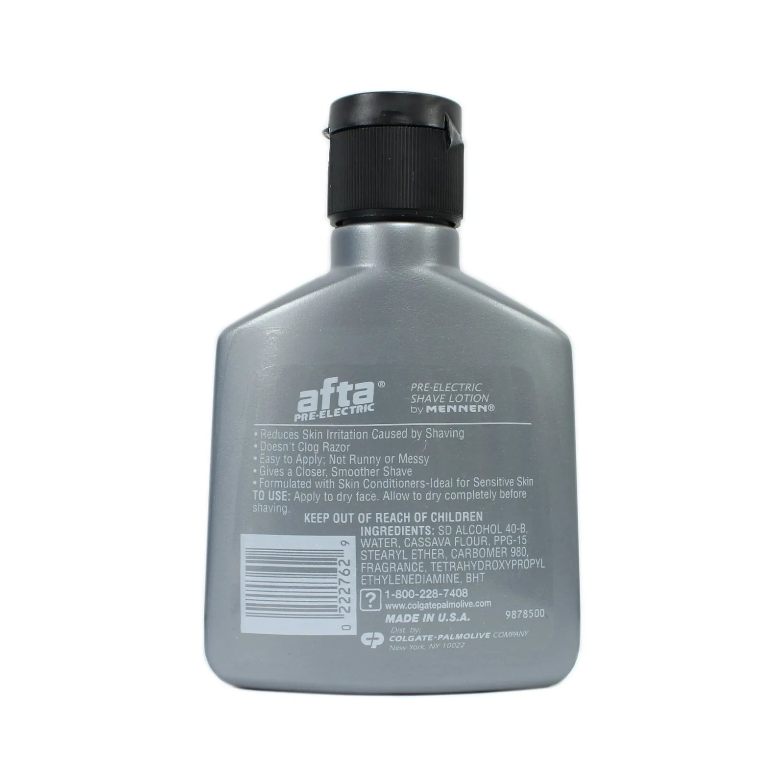 Afta Pre-Electric shave lotion back label listing benefits, directions, and skin conditioner ingredients