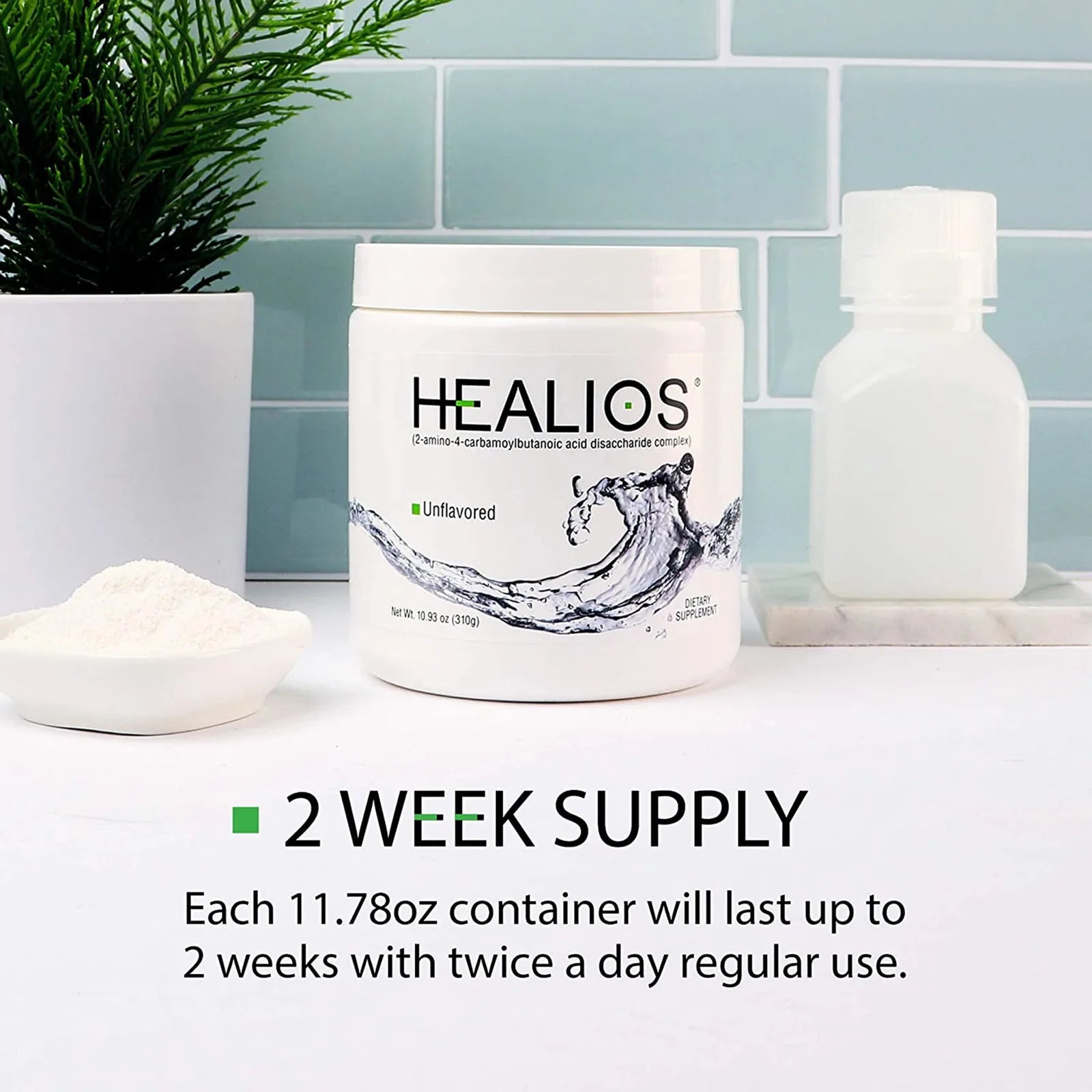 Healios unflavored container with powder, a two-week supply with twice daily use