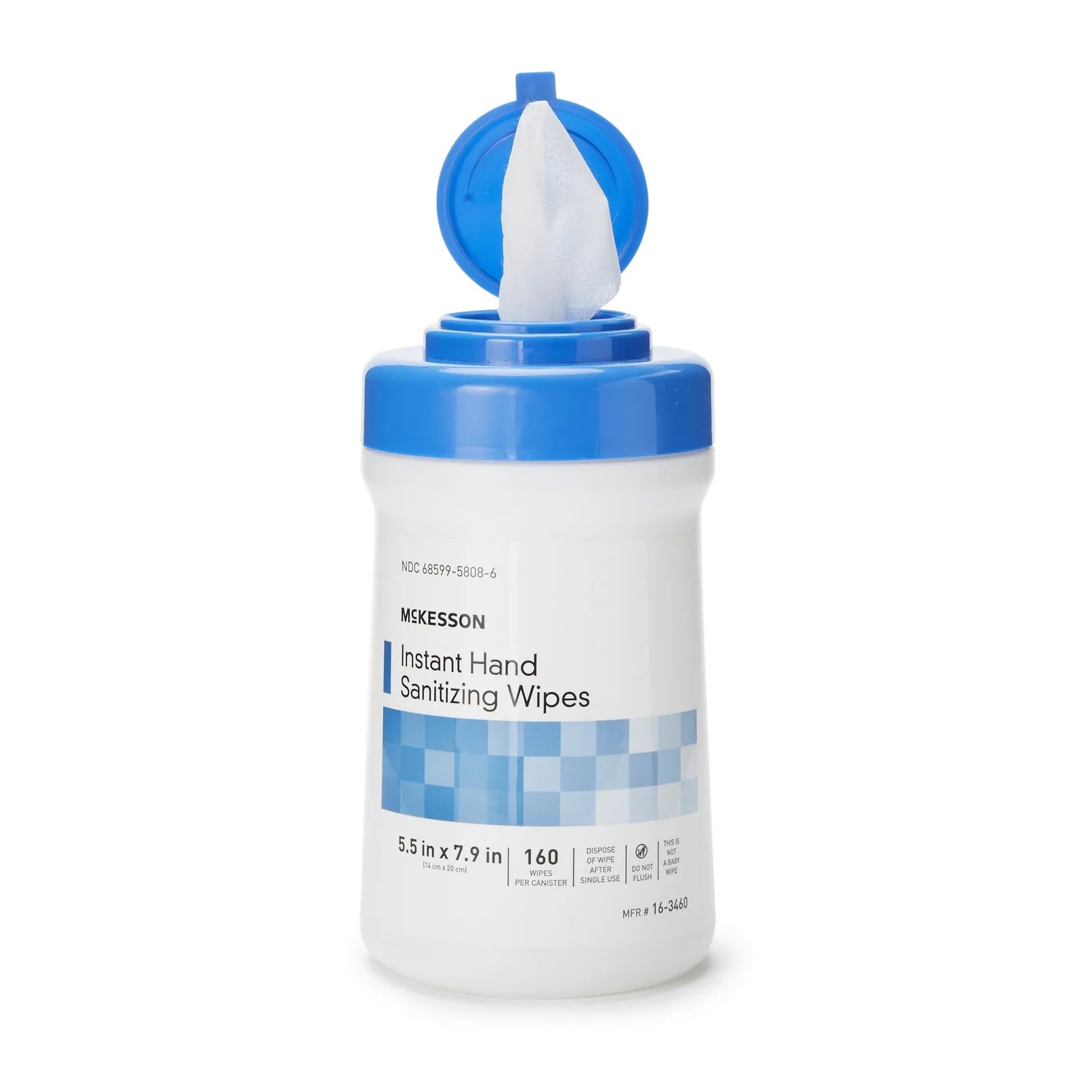 McKesson hand sanitizing wipe dispensing from blue snap-lid canister
