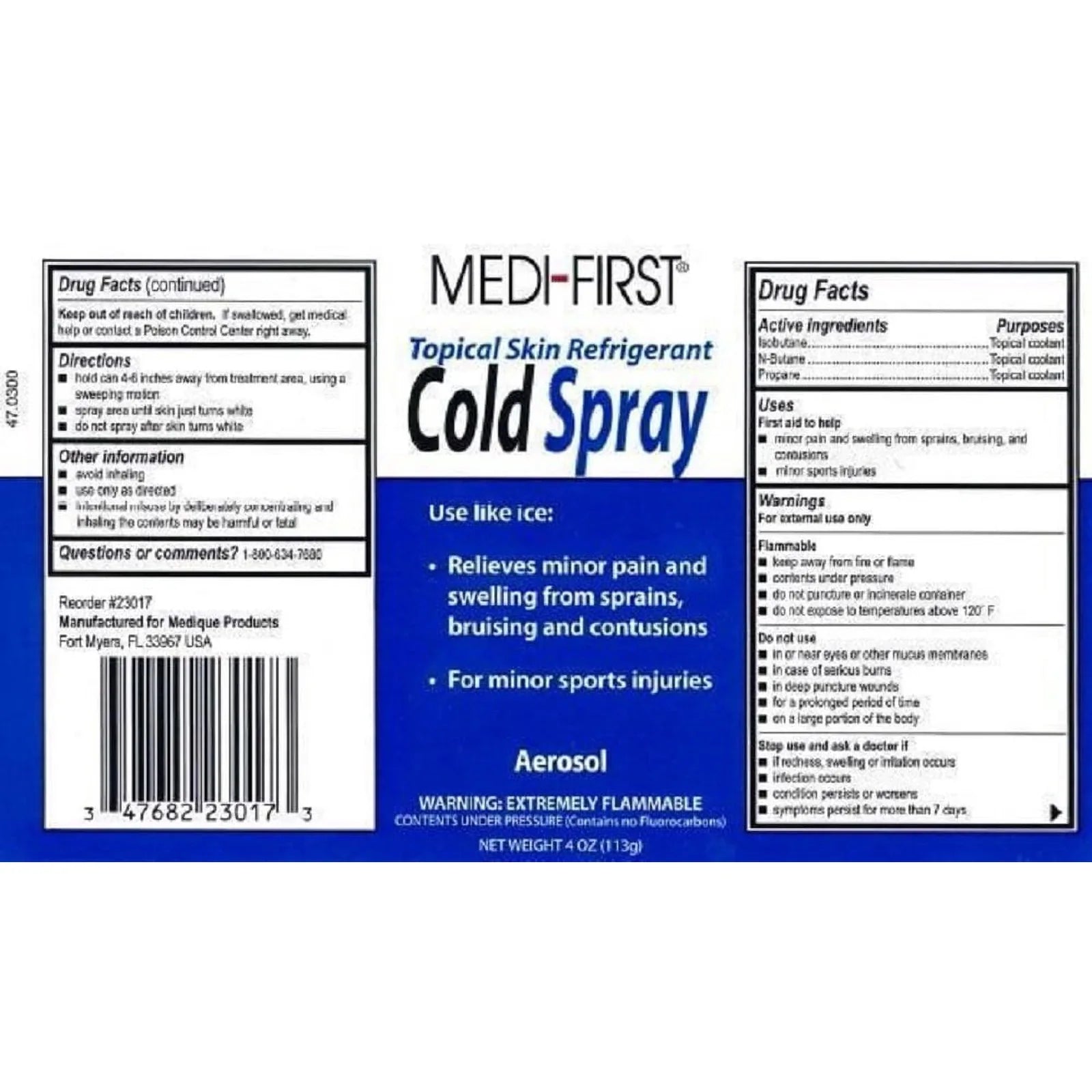 Medi-First Cold Spray label showing directions, drug facts, and active ingredients