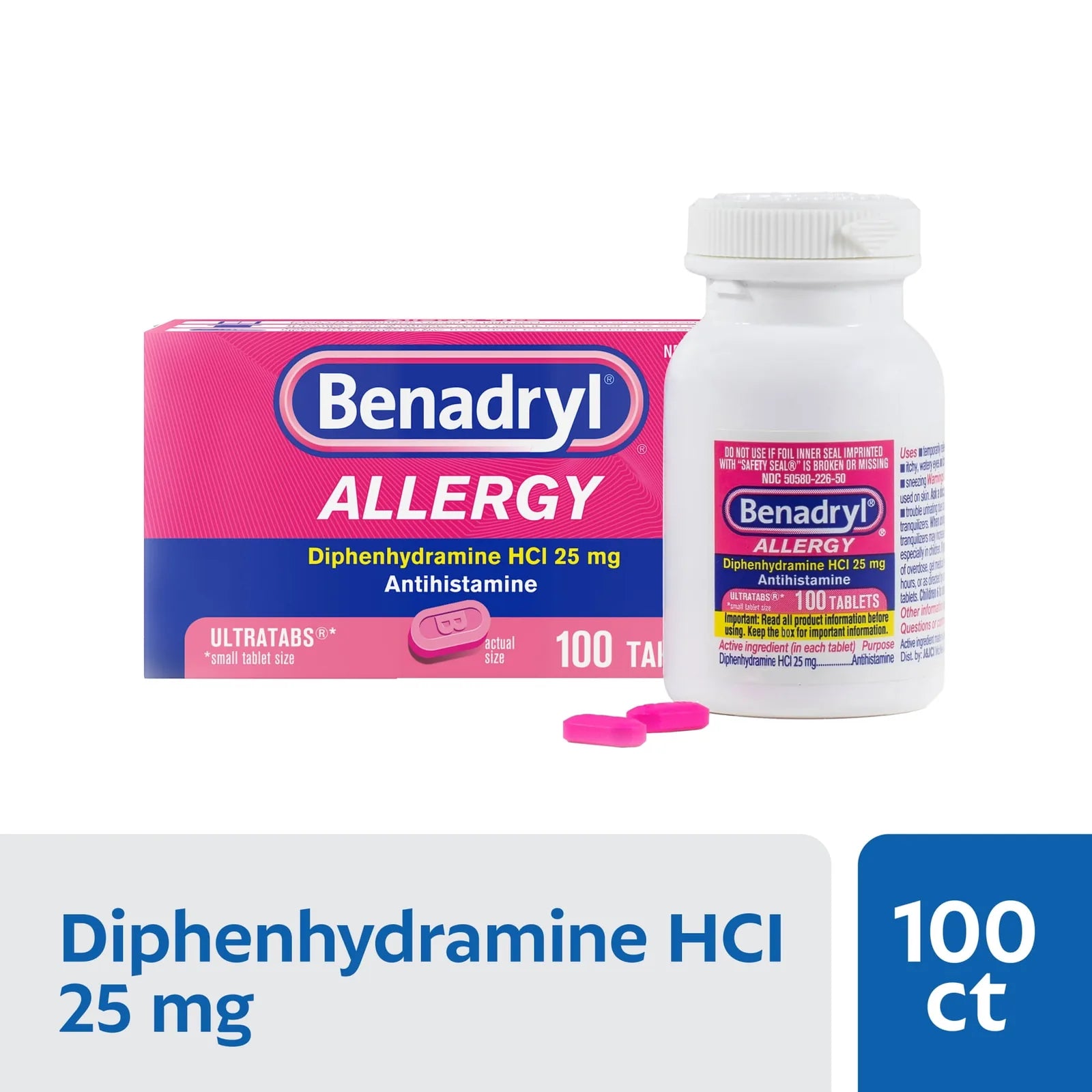 Benadryl Ultratabs box and bottle with two pink 25 mg tablets