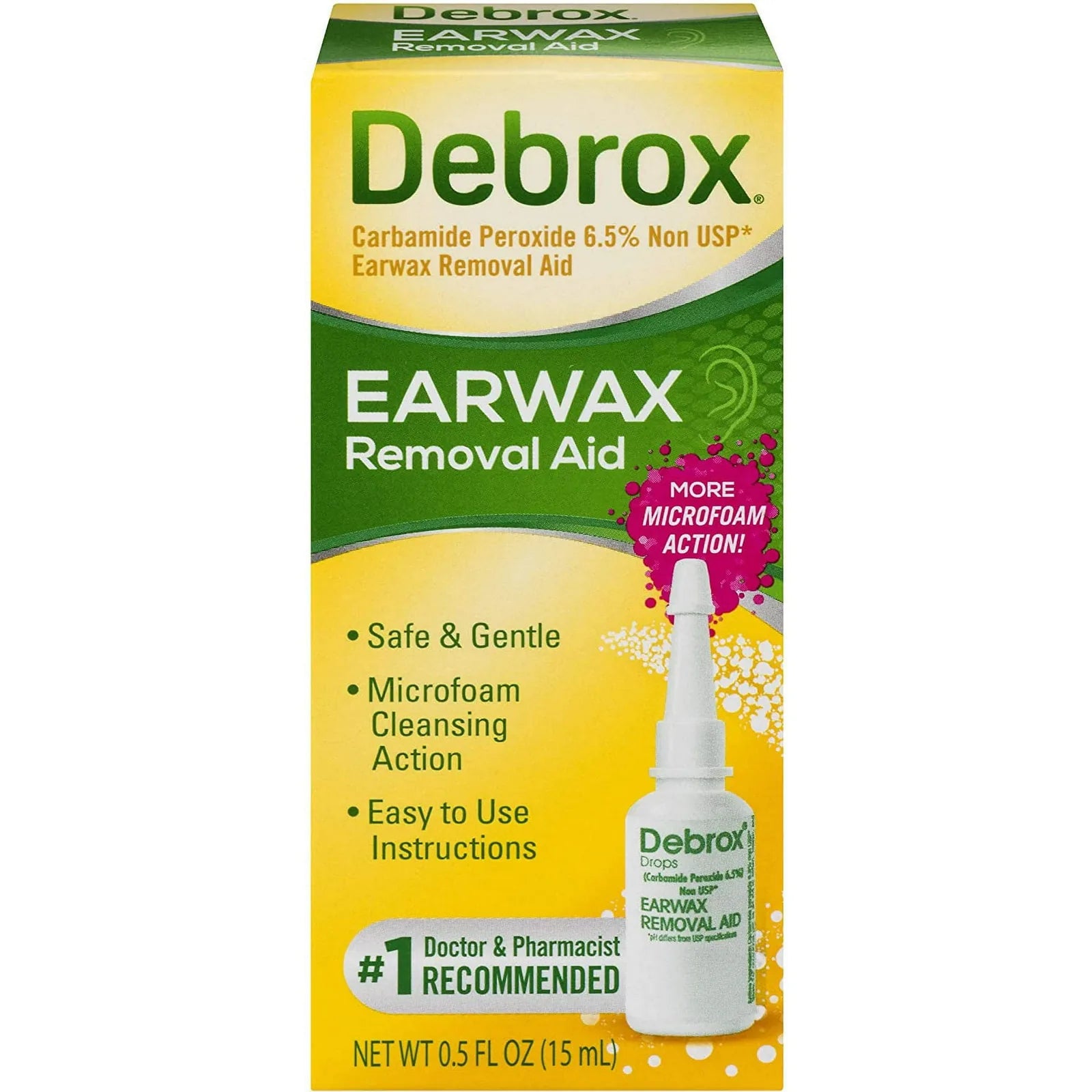 Debrox Earwax Removal Aid package showing microfoam action and 6.5 percent carbamide peroxide otic drops