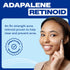 Woman smiling as she applies Differin Gel to her cheek, beside adapalene retinoid messaging and a dermatologist recommended seal