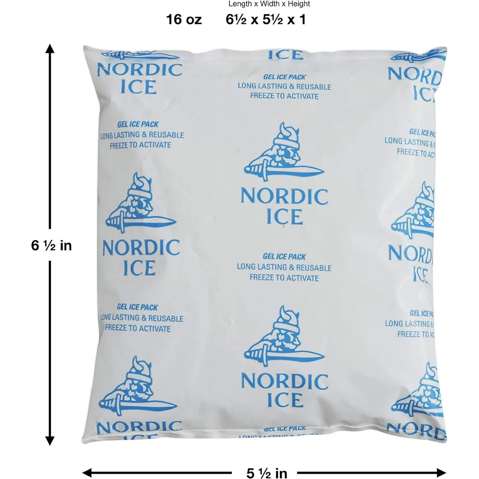 Nordic Ice gel pack size chart showing 16 oz pack at 6-1/2 by 5-1/2 by 1 inch