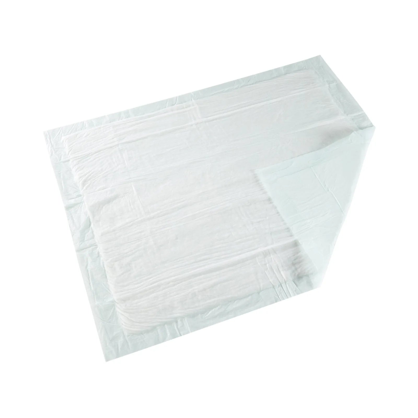 Single McKesson Super Underpad unfolded showing white nonwoven topsheet and green poly backsheet