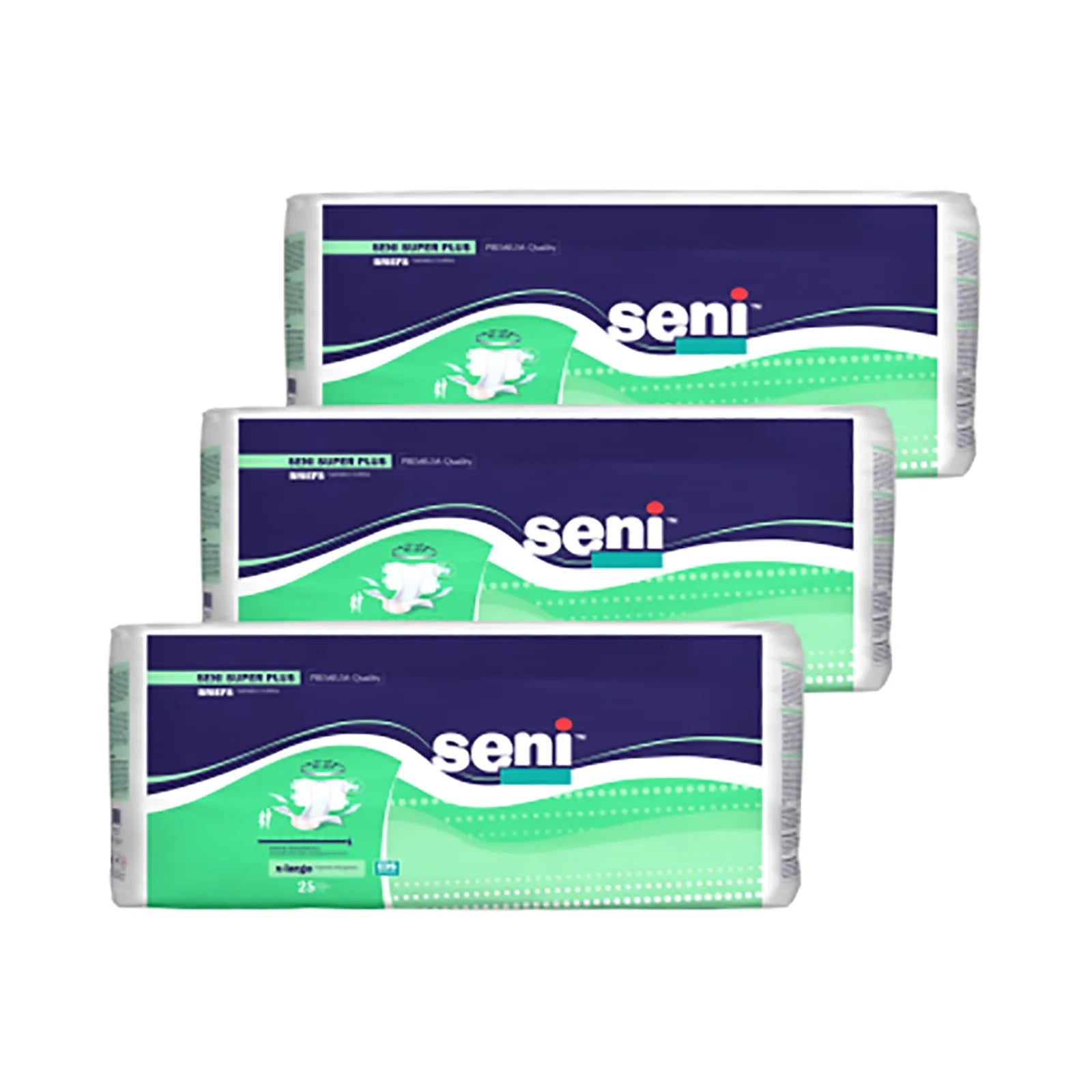 Three packages of Seni Super Plus adult briefs, premium quality overnight incontinence care