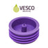 Close-up of a single purple Vesco Medical ENFit bottle adapter showing the ridged body and central transfer spout