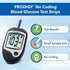 Prodigy test strip in a Prodigy AutoCode meter showing fast results, small sample size, and no coding