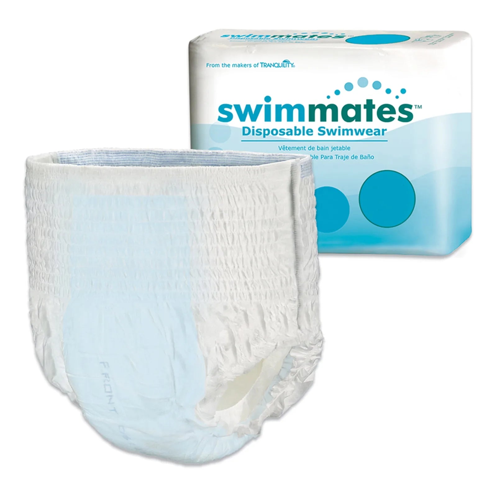 Swimmates disposable swim brief shown next to its retail package with size options