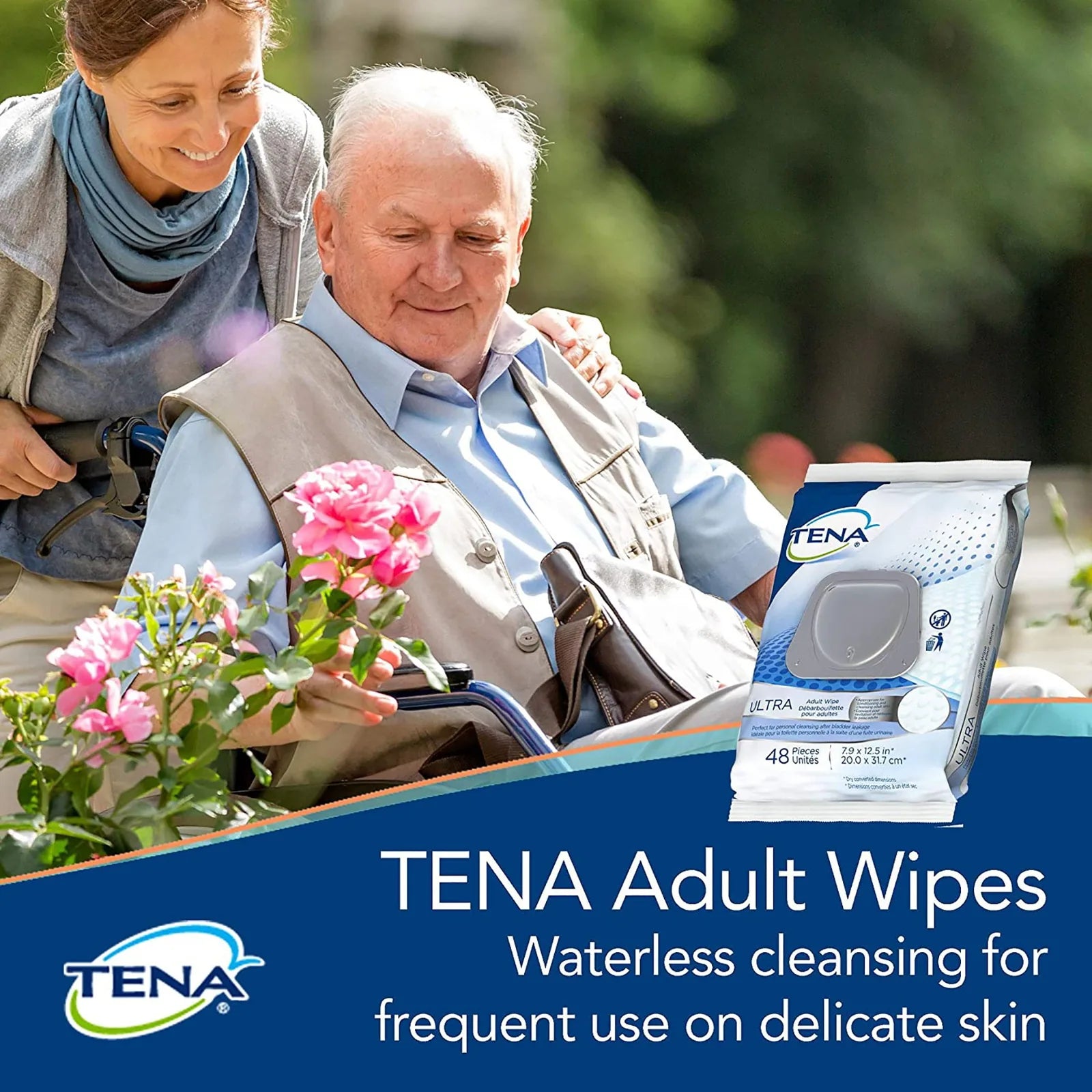 Caregiver using TENA adult wipes for waterless cleansing on delicate skin outdoors
