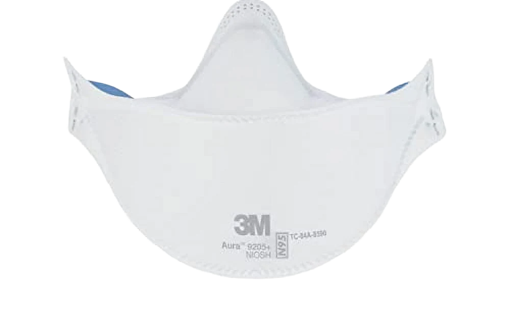 3M Aura 9205 Plus N95 respirator front view showing the domed 3-panel shape