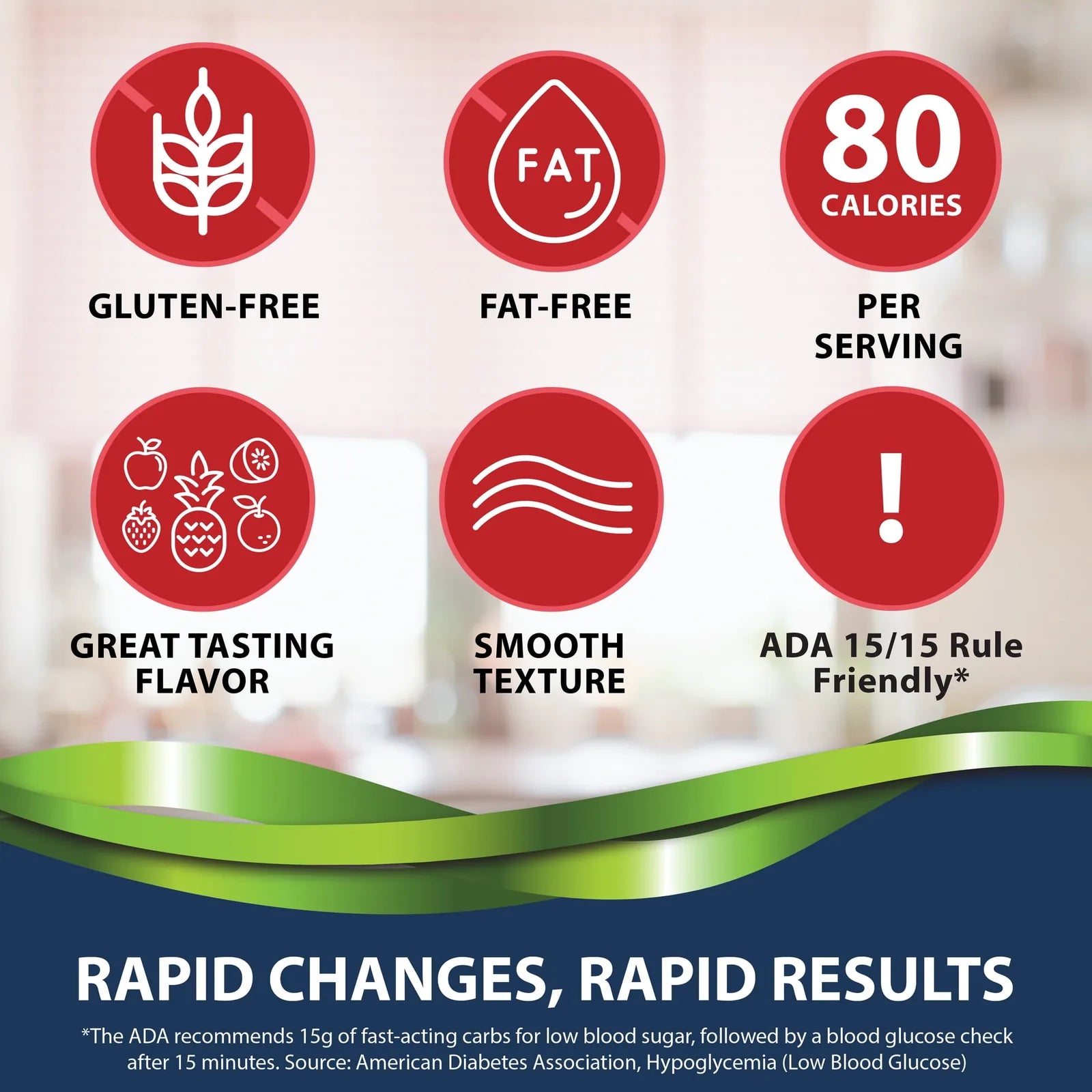 TRUEplus glucose gel benefits: gluten-free, fat-free, 80 calories, smooth texture, great tasting flavor
