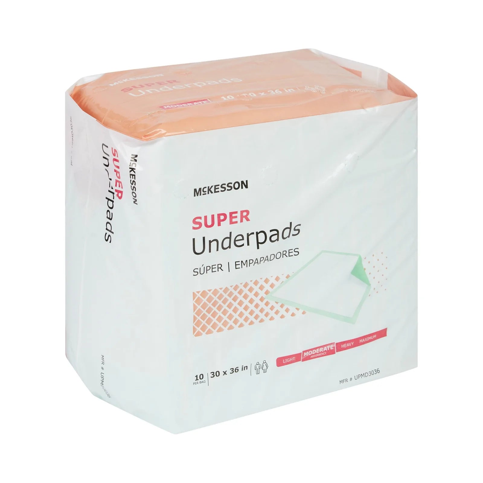 McKesson Super Underpads package shown at an angle, 30 x 36 inch disposable underpads for incontinence