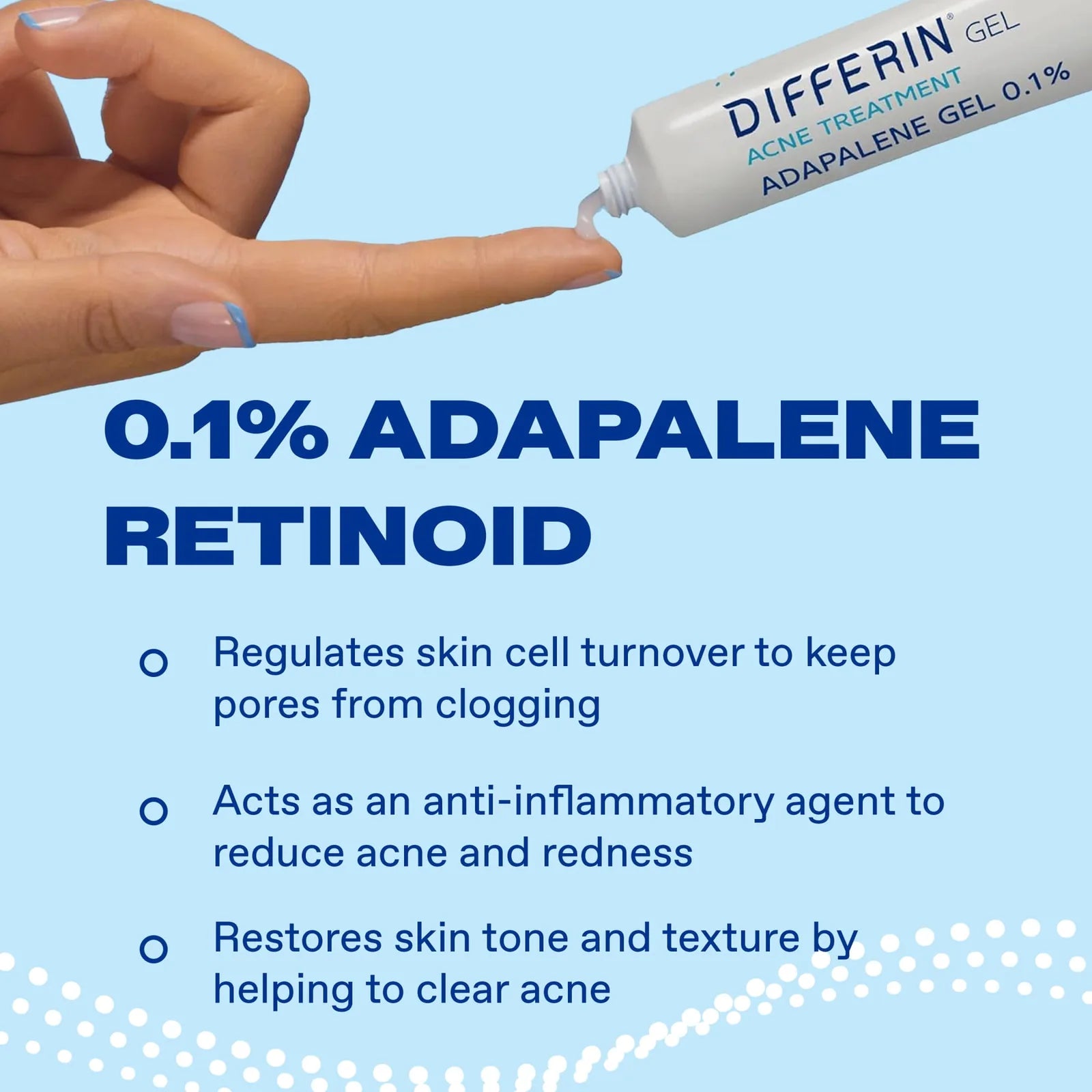 Differin Gel tube dispensing adapalene 0.1 percent gel onto a fingertip, with retinoid benefit points listed alongside