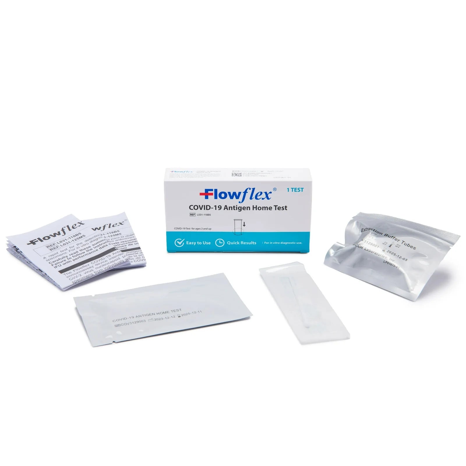 Flowflex COVID-19 antigen home test kit contents: cassette pouch, sterile nasal swab, extraction buffer tube, instructions
