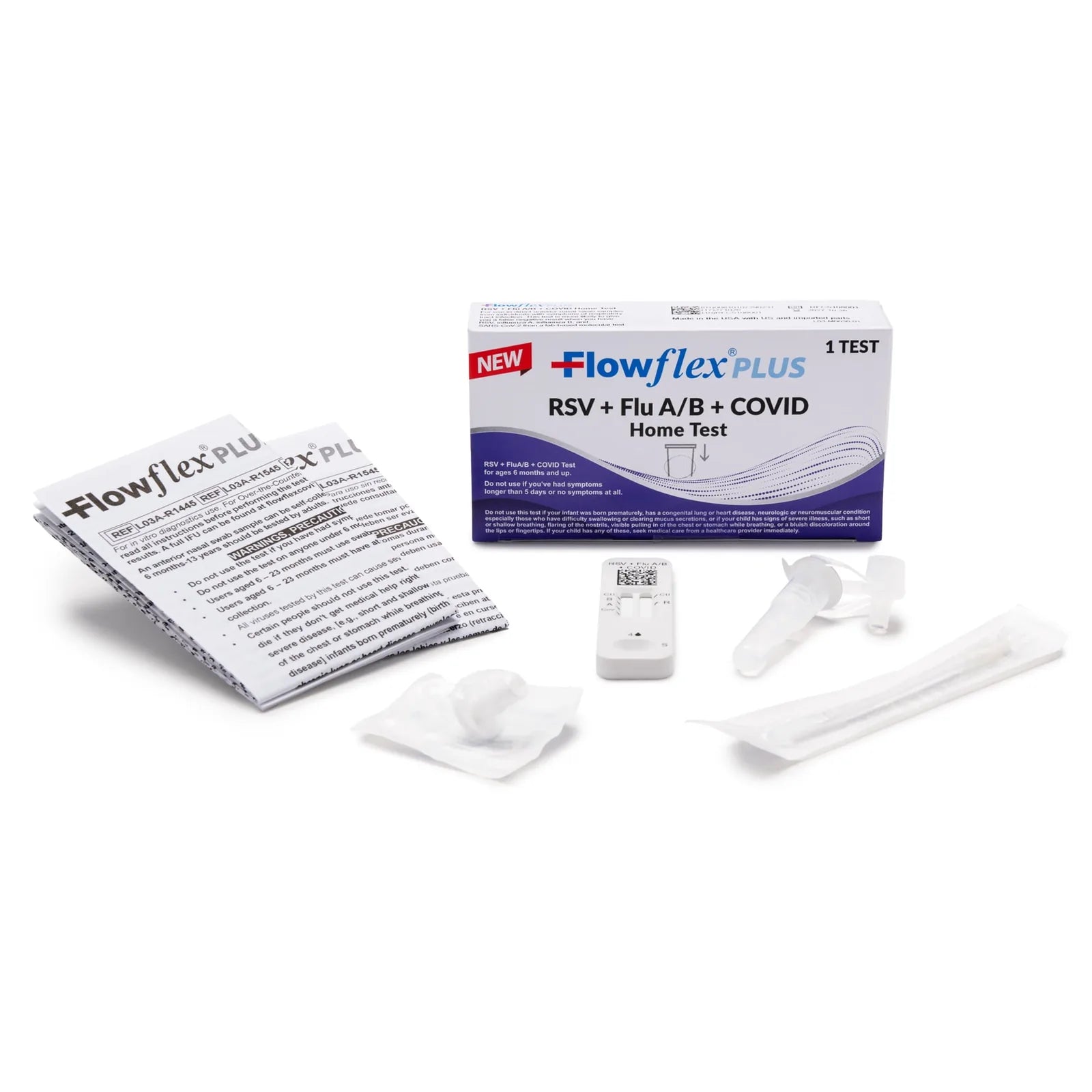 Flowflex Plus 4-in-1 home test kit contents laid out: test cassette, extraction buffer tube, sterile nasal swab, pediatric swab guard and bilingual instructions