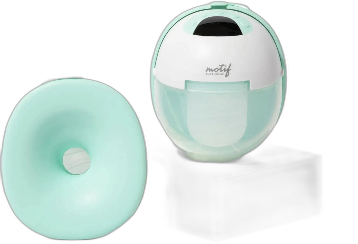 Motif Medical Aura Glow Wearable Breast Pump — front and side view