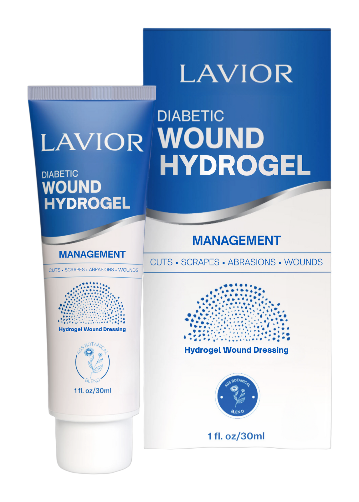 Lavior Diabetic Wound Hydrogel 1 oz botanical wound dressing tube and box