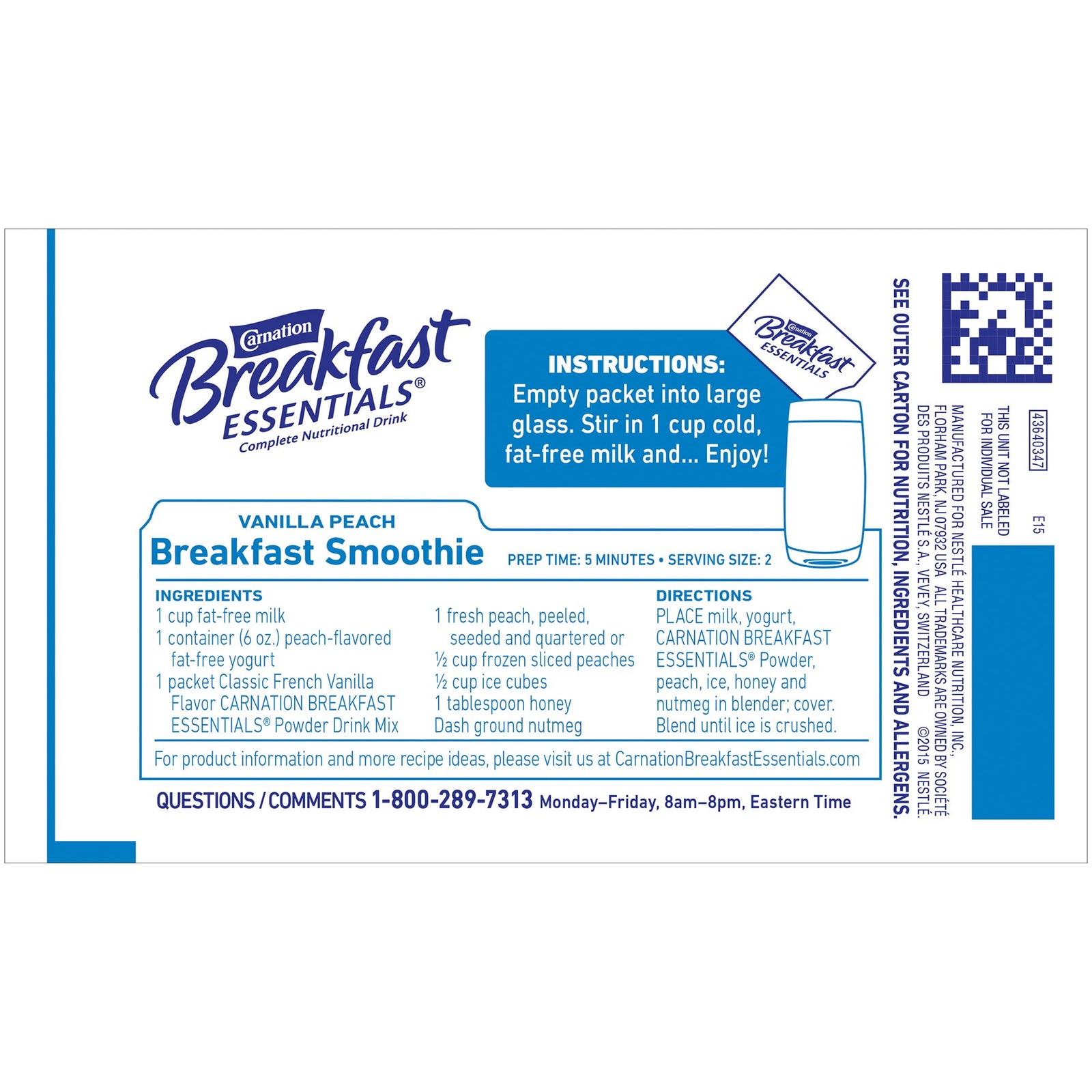 Nestle Healthcare Carnation Breakfast Essentials, 220 Calories, 36 Grams, French Vanilla Flavor, Individual Packet, 9 oz Serving Size