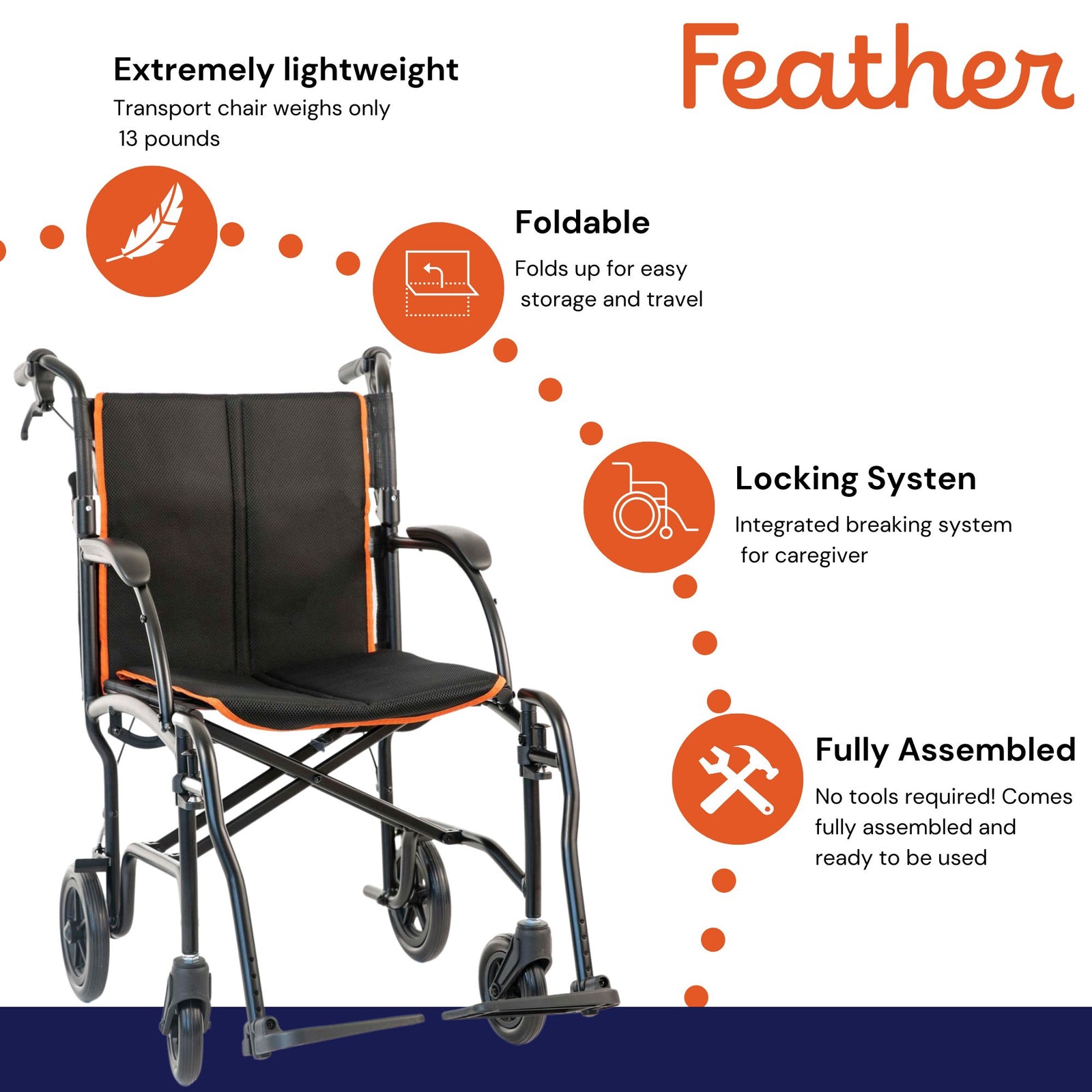 Feather Transport w / Brakes Transport Chair