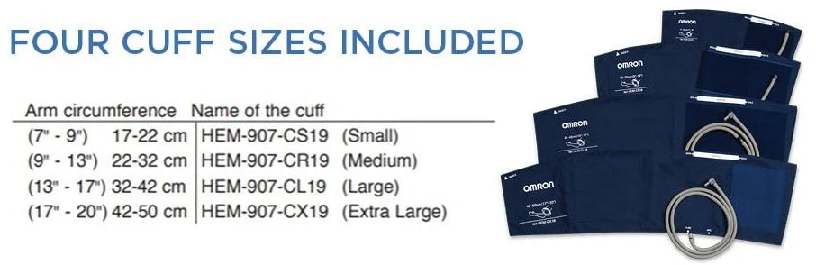 Four blood pressure cuff sizes included with arm circumference guide