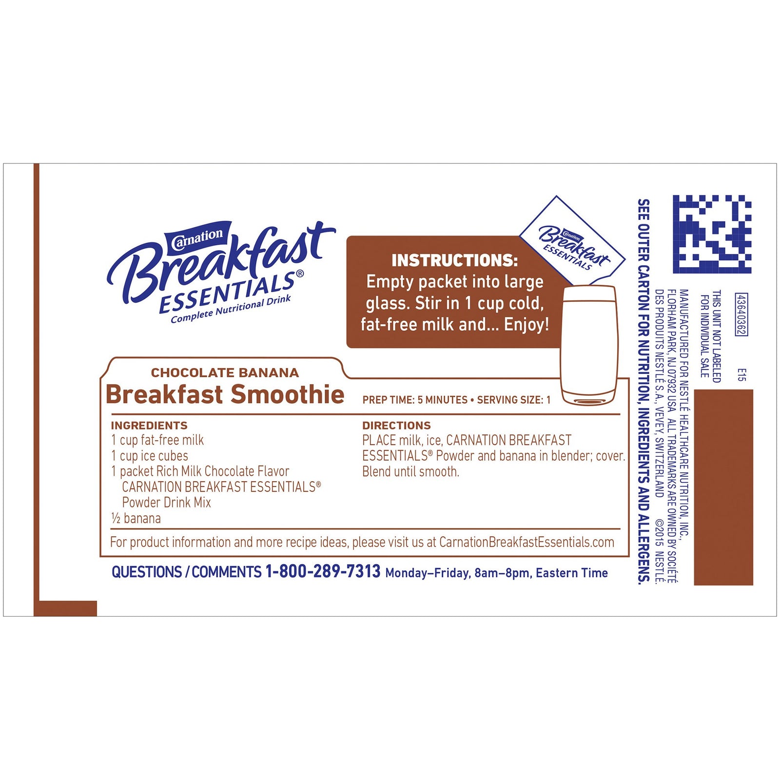 Nestle Healthcare Carnation Breakfast Essentials, 220 Calories, 36 Grams, Rich Milk Chocolate, Individual Packet, 9 oz Serving Size
