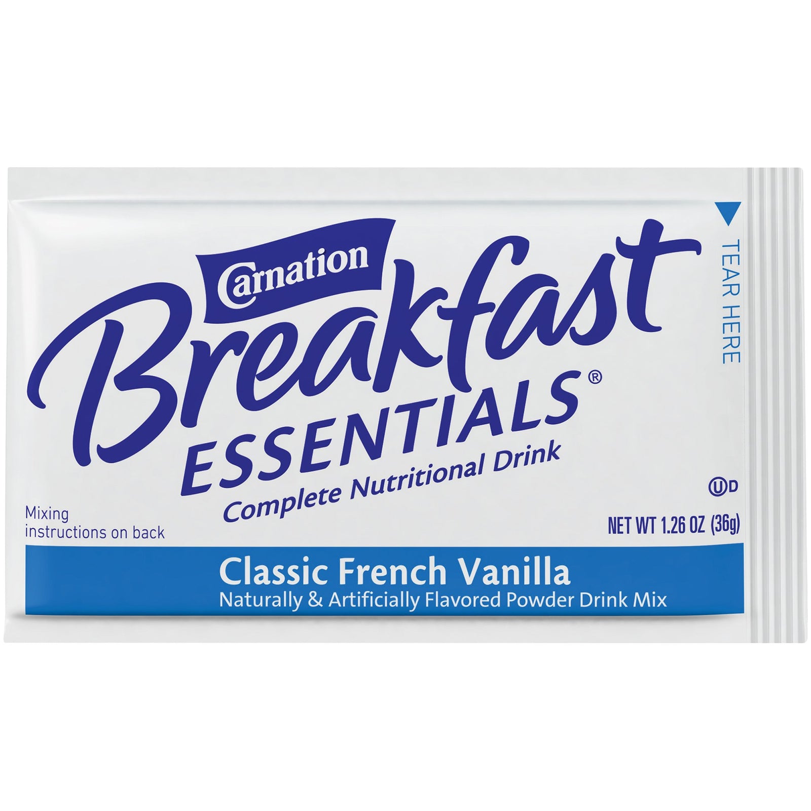 Nestle Healthcare Carnation Breakfast Essentials, 220 Calories, 36 Grams, French Vanilla Flavor, Individual Packet, 9 oz Serving Size