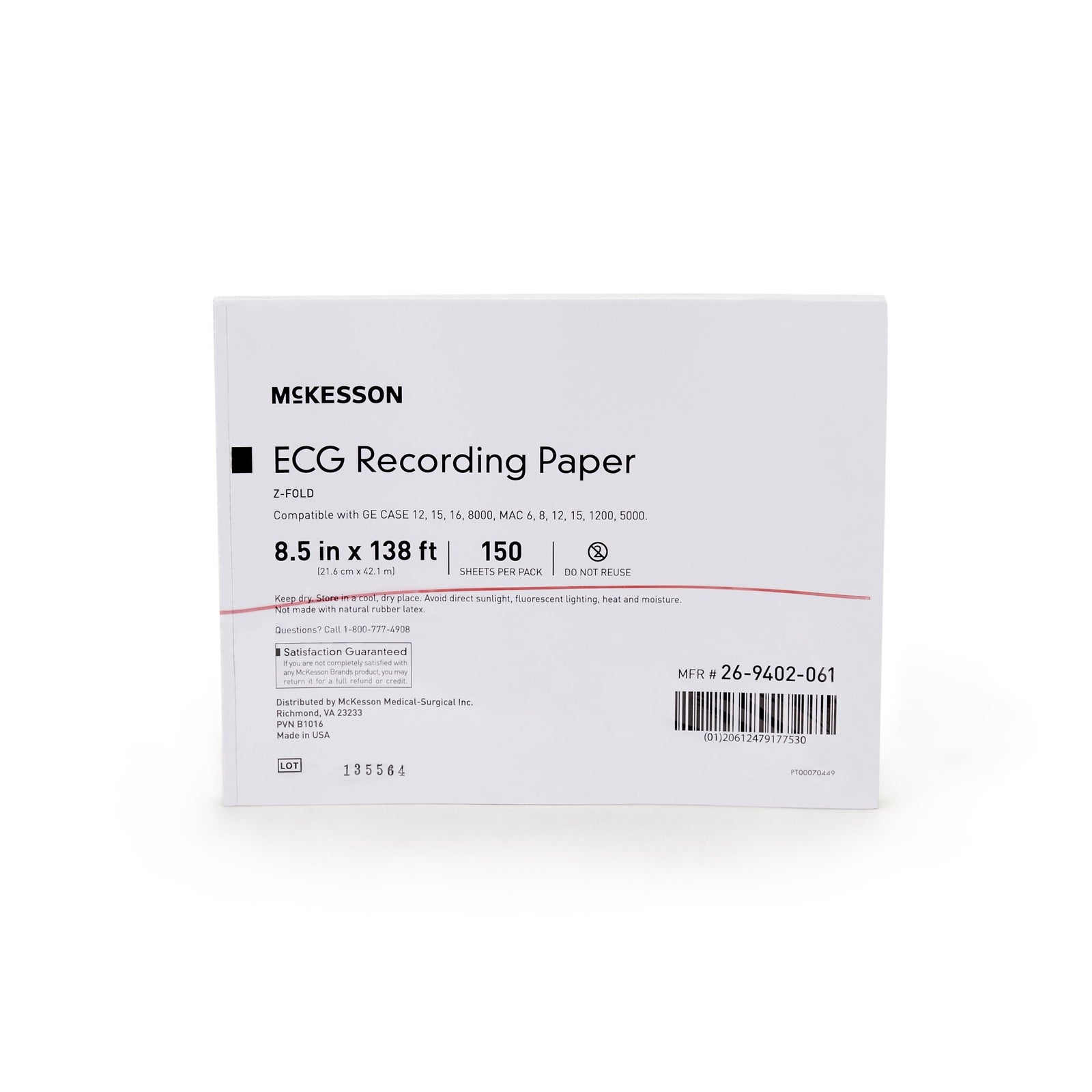 McKesson Z-Fold Thermal Diag. Rec. Paper 8.5"x 138ft Red Grid
