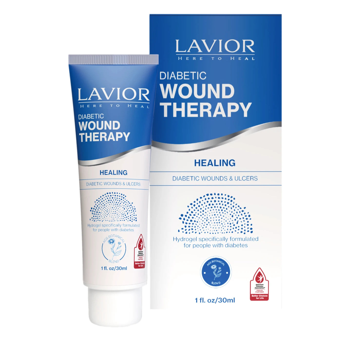 Lavior Diabetic Wound Hydrogel — box and tube product shot with ADA partner badge
