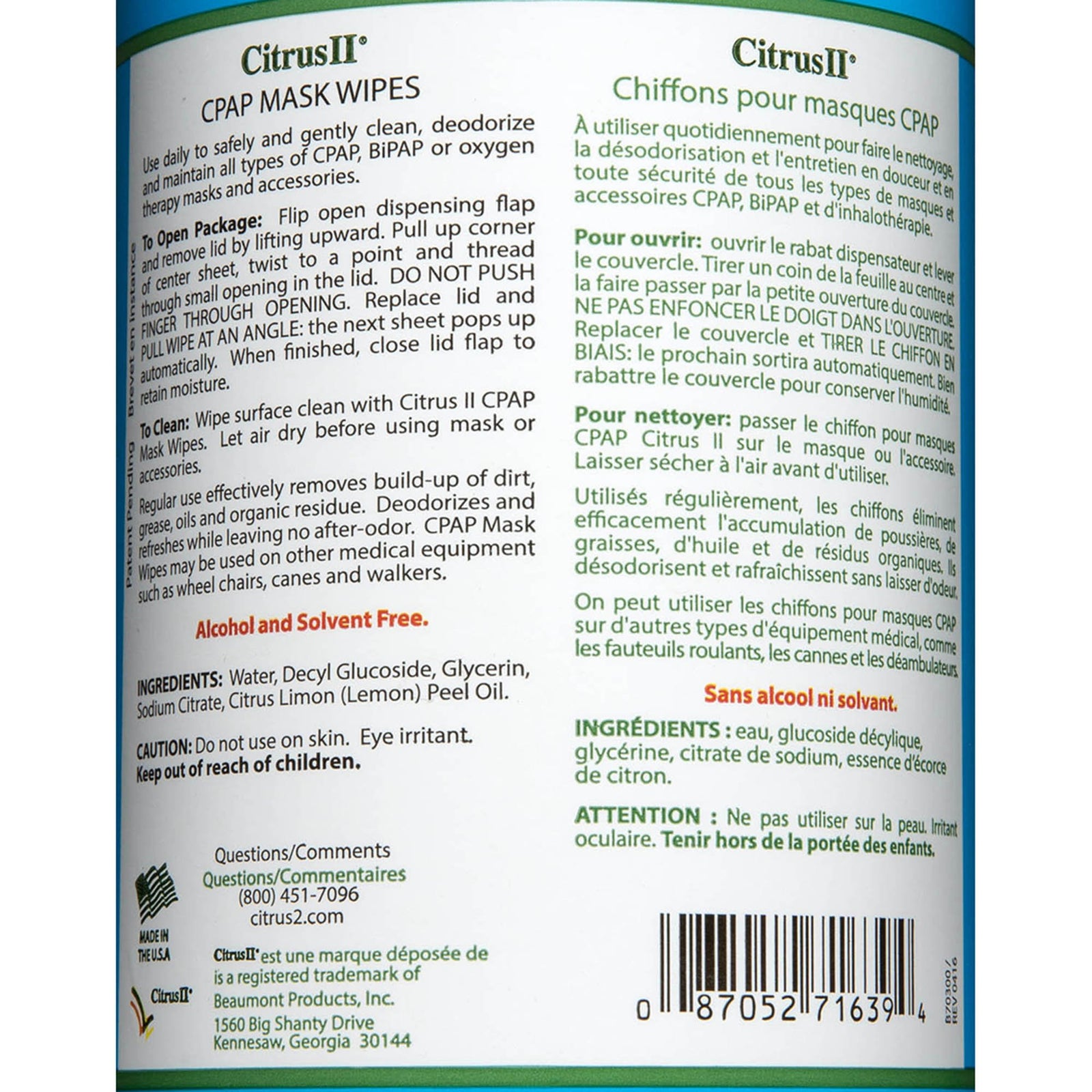 Citrus ll Cpap Mask Cleaner Wipe