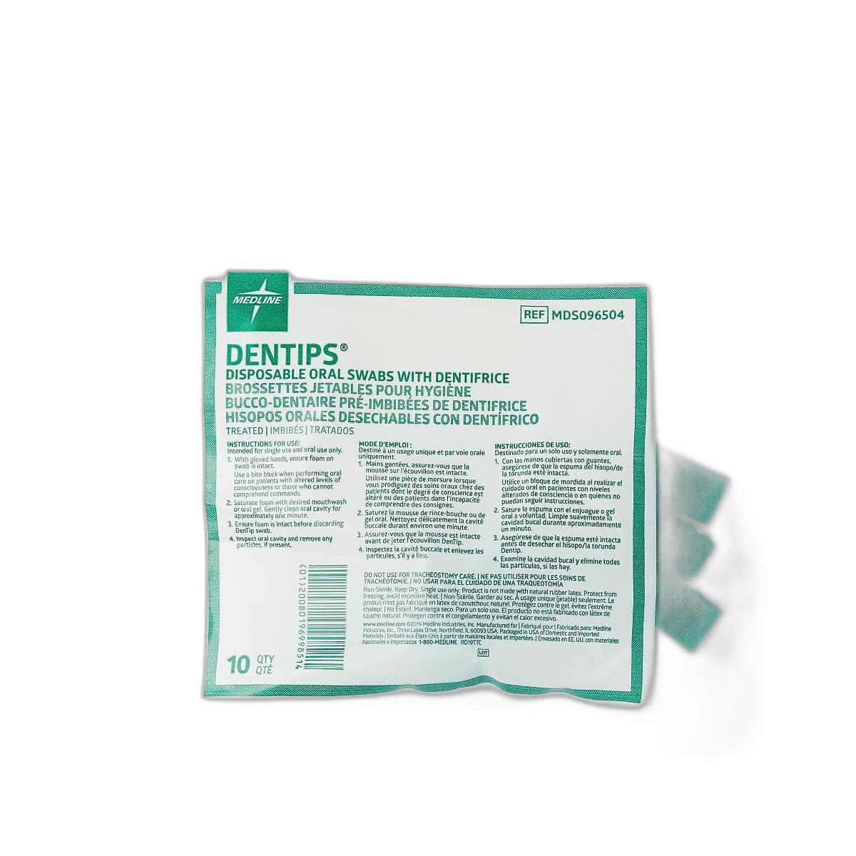Medline Dentips 10-pack bag with green foam oral swabs visible