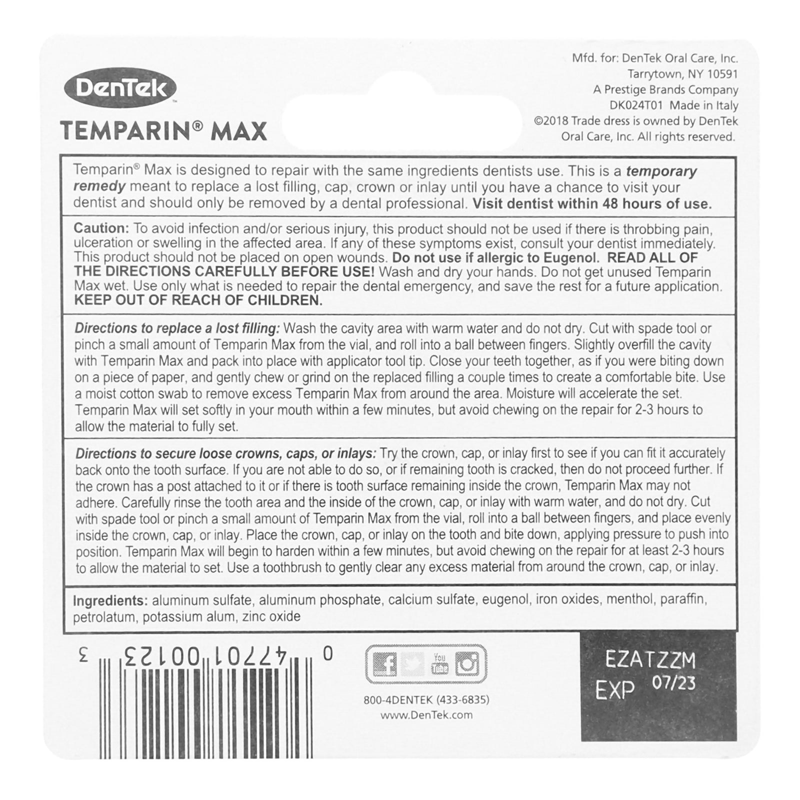 DenTek Temparin Max Temporary Cap And Filling Repair