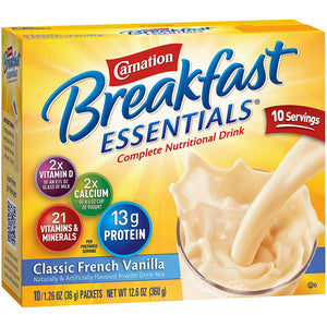 Nestle Healthcare Carnation Breakfast Essentials, 220 Calories, 36 Grams, French Vanilla Flavor, Individual Packet, 9 oz Serving Size image