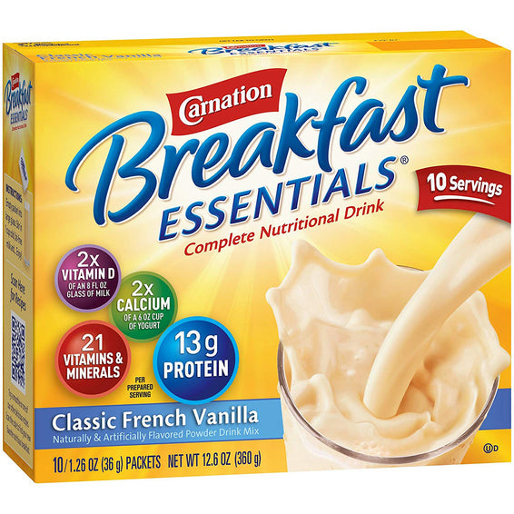 Nestle Healthcare Carnation Breakfast Essentials, 220 Calories, 36 Grams, French Vanilla Flavor, Individual Packet, 9 oz Serving Size