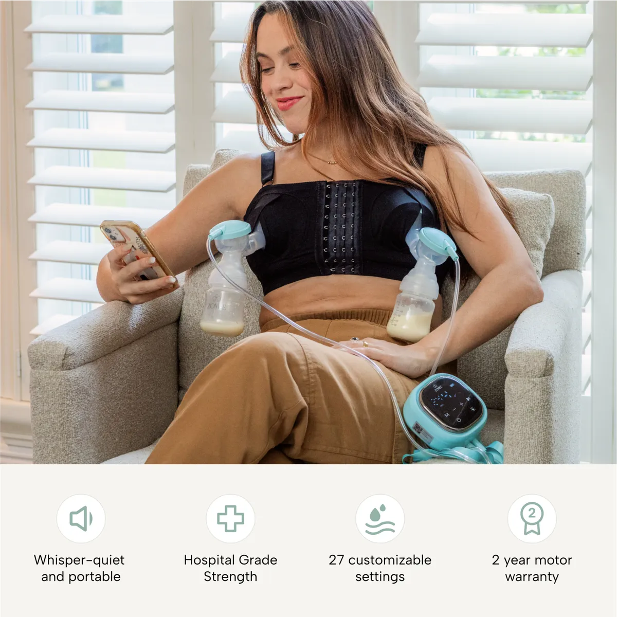 Mom using Zomee Z2 hands-free while multitasking