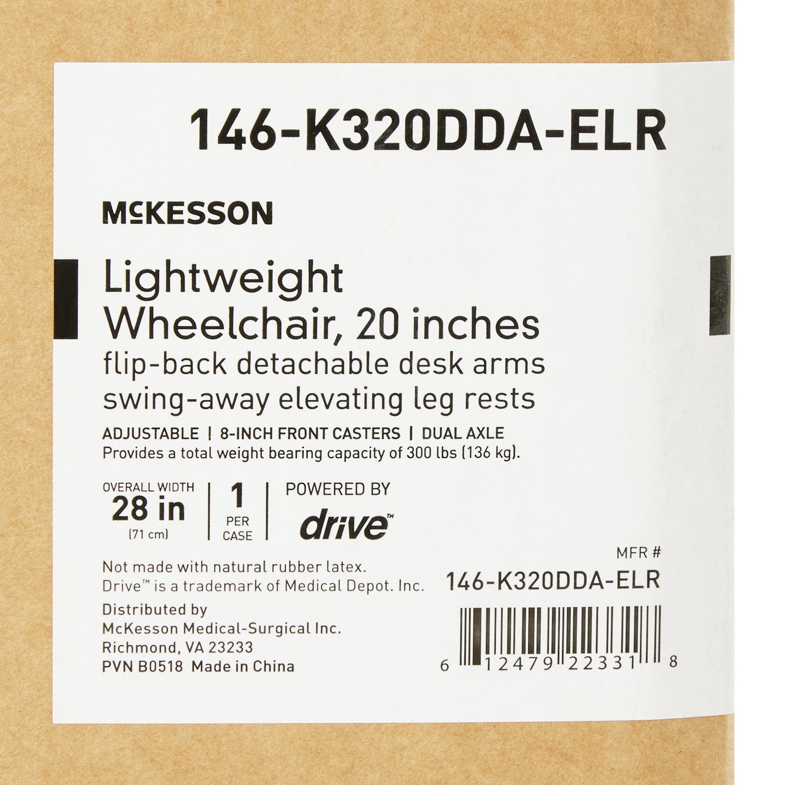 McKesson Lightweight Wheelchair Dual Axle (18" & 20" Seat Widths) w/ Swing-Away Footrest/Elevating Legrest, Black Upholstery, 300 lbs. Weight Capacity