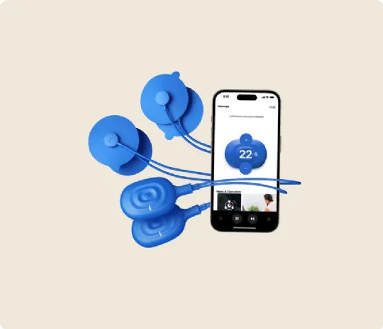 PowerDot 2.0 Duo TENS NMES unit with smartphone app showing Bluetooth control