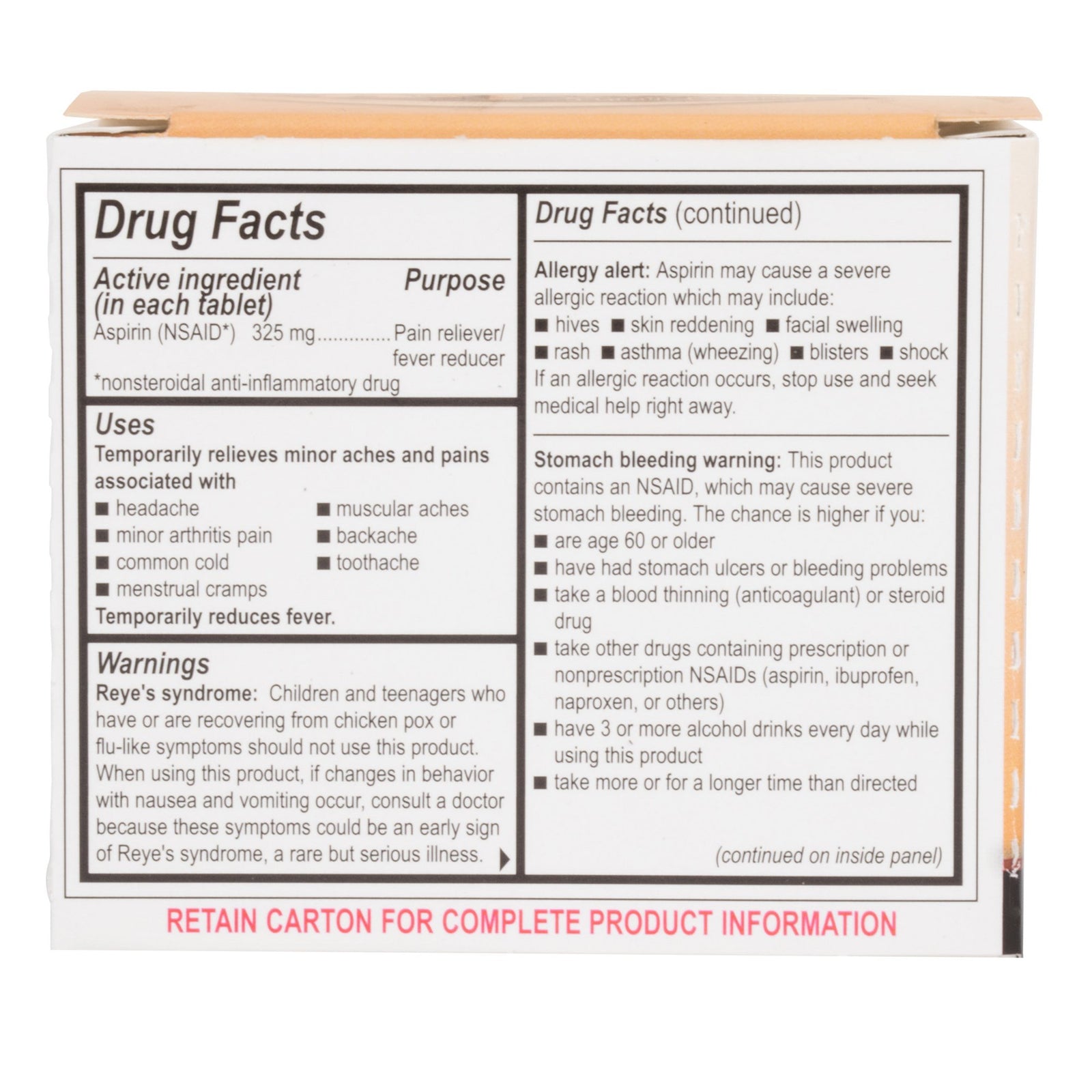 Pain Relief 325 Mg Strength Aspirin Tablet 200 Per Box