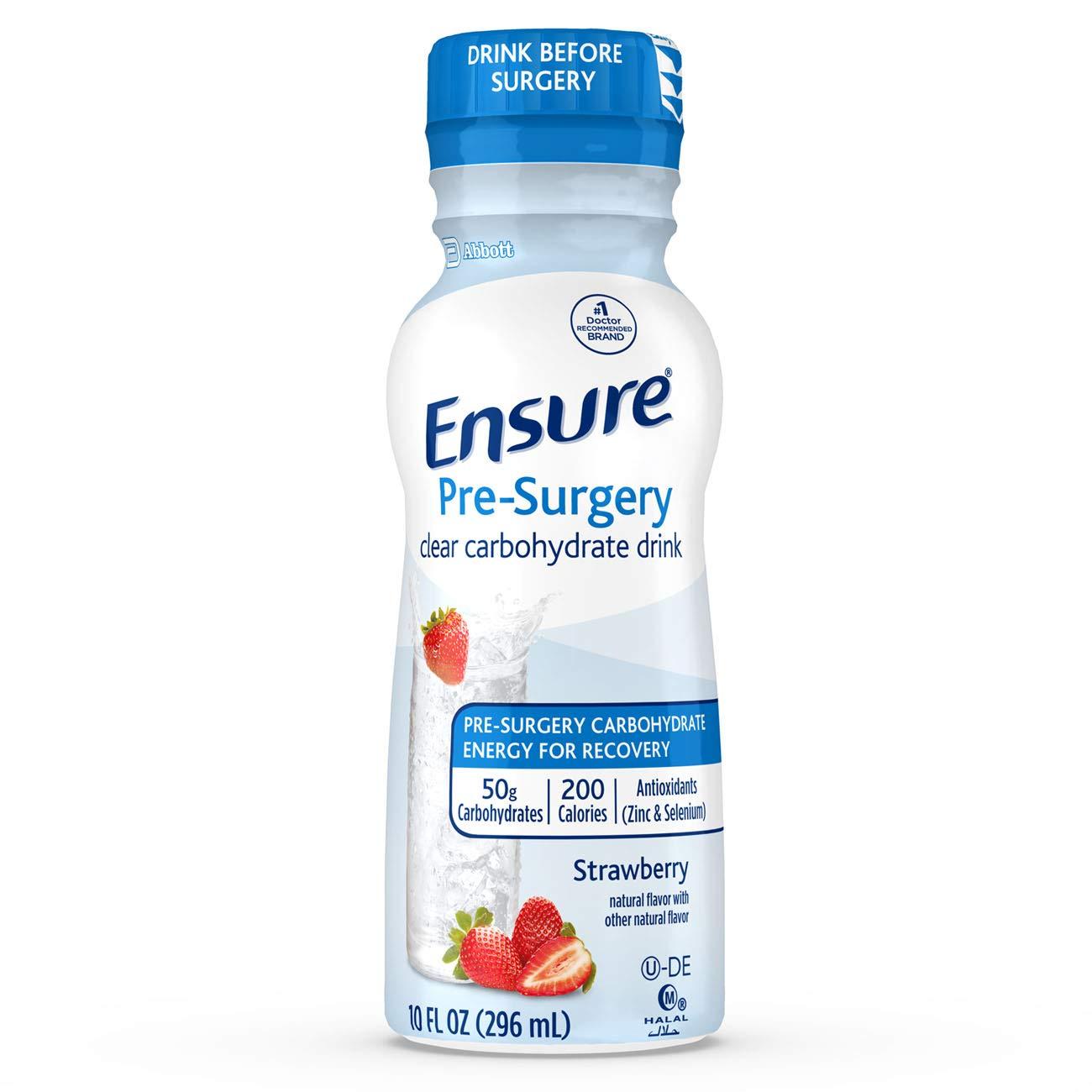 Ensure Pre-Surgery clear carbohydrate drink bottle with strawberry flavor on a white background