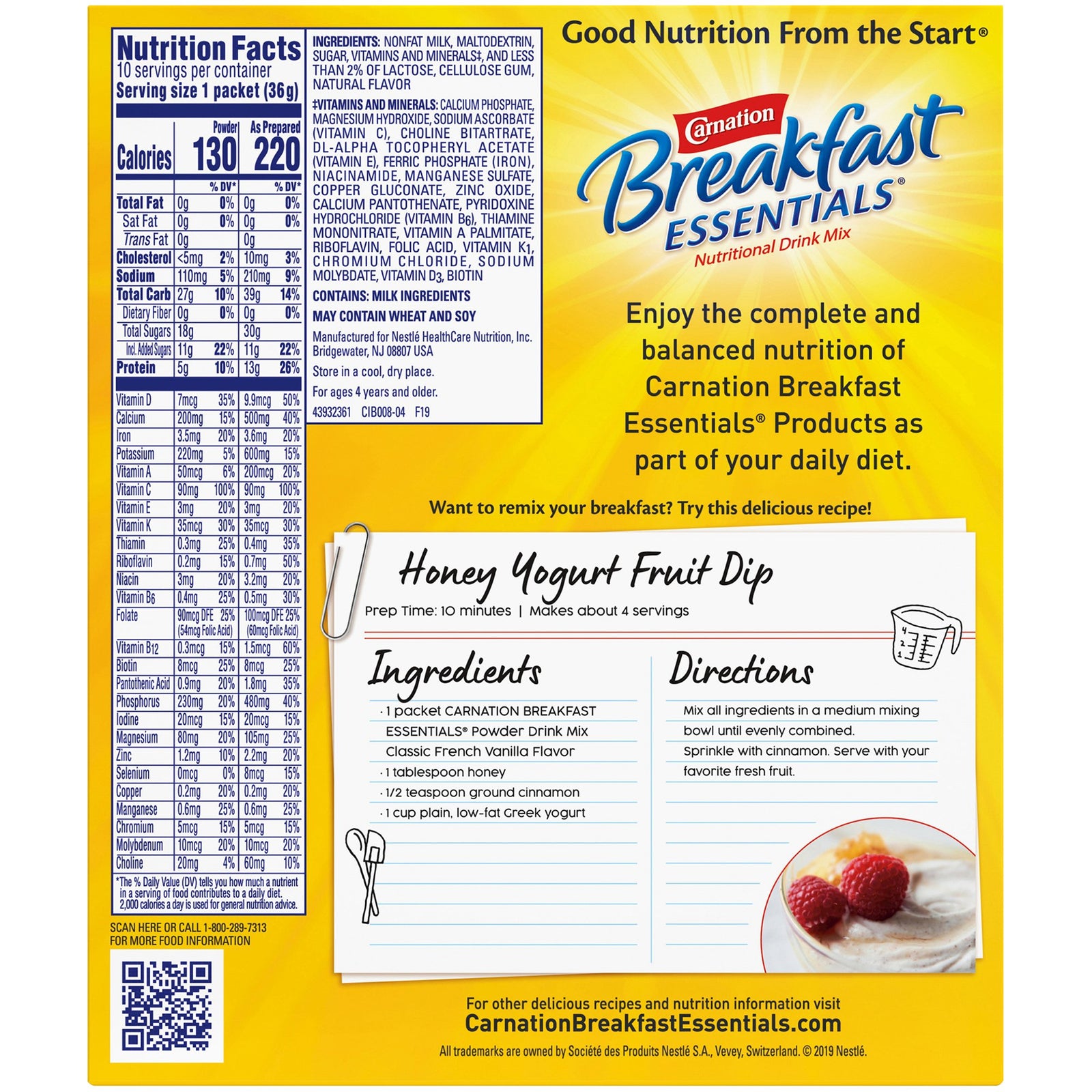 Nestle Healthcare Carnation Breakfast Essentials, 220 Calories, 36 Grams, French Vanilla Flavor, Individual Packet, 9 oz Serving Size