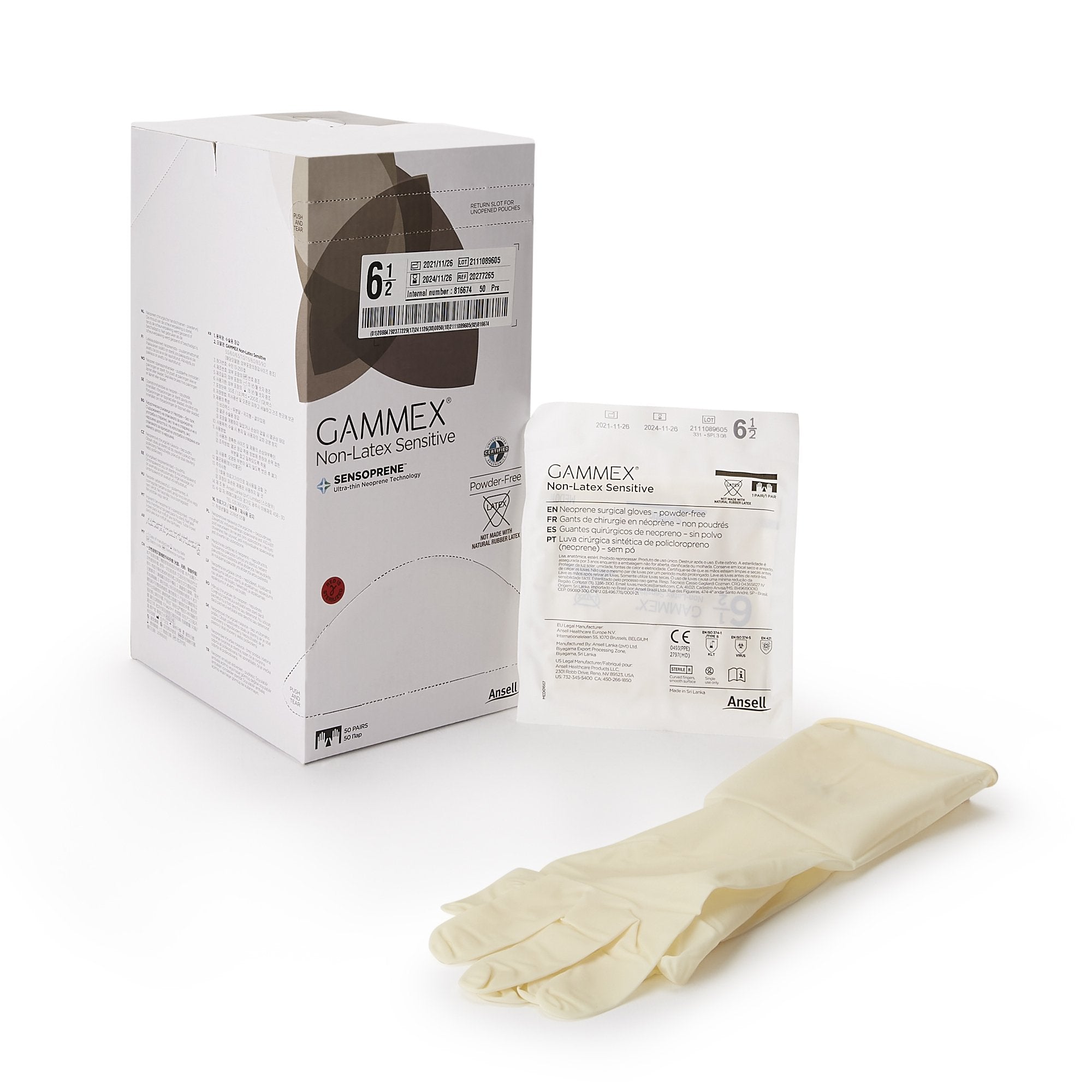 GAMMEX Non-Latex Sensitive Polychloroprene Surgical Glove, Size 6.5, Cream