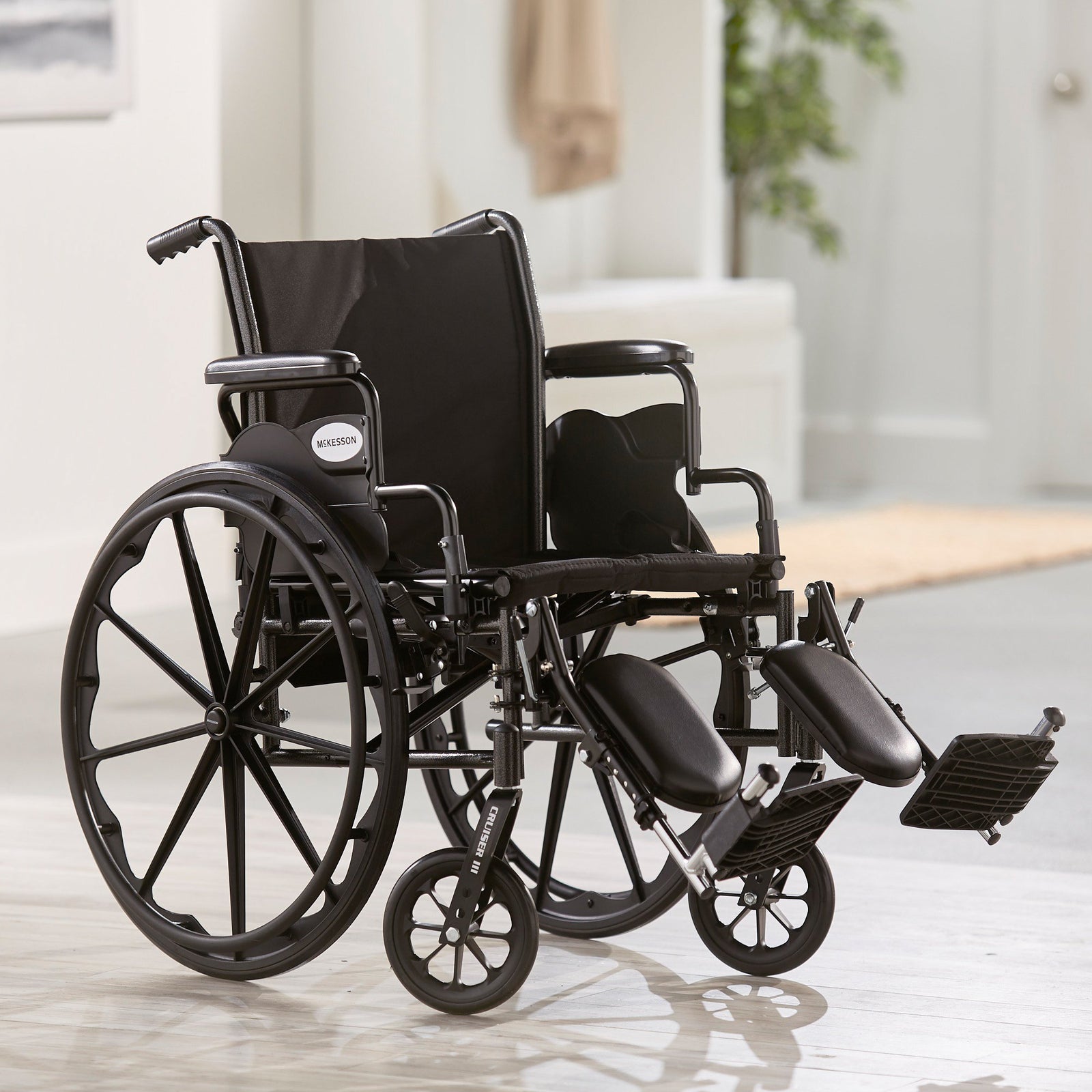 McKesson Lightweight Wheelchair Dual Axle (18" & 20" Seat Widths) w/ Swing-Away Footrest/Elevating Legrest, Black Upholstery, 300 lbs. Weight Capacity