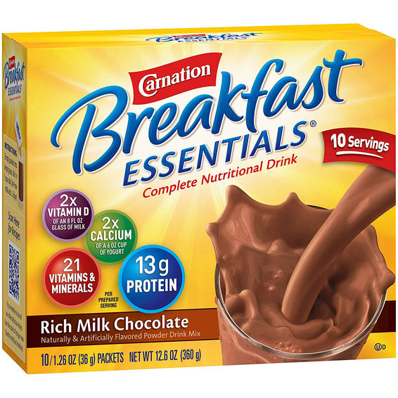 Nestle Healthcare Carnation Breakfast Essentials, 220 Calories, 36 Grams, Rich Milk Chocolate, Individual Packet, 9 oz Serving Size